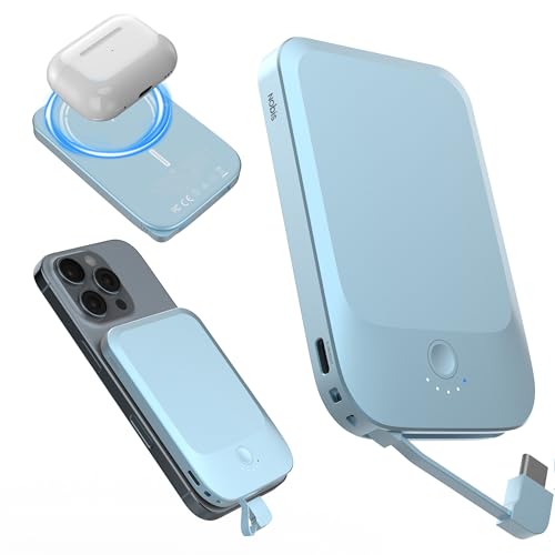 NOBIS Power Bank Slim da 5000mAh con Cavo Integrato: Caricatore Portatile con Aggancio Magnetico, Ricarica Rapida 22,5W e USB-C In/Out, per Smartphone e Dispositivi Android (Blu)