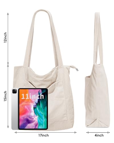 Image of Iioscre Corduroy Tote Bag for Women,Hobo HandBags with Zipper,Large Capacity Casual Shoulder Handbags with Inner Pockets