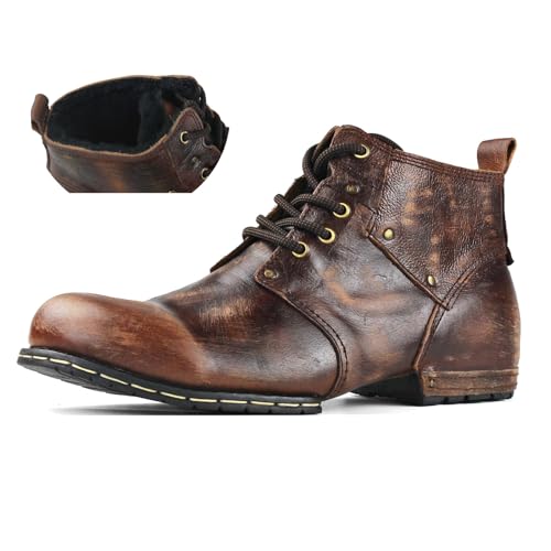 Image of OSSTONE Moto Boots for Men Fashion lace-up Leather Chukka Boots Casual Shoes OS-6015-2-retro-brown-US-R