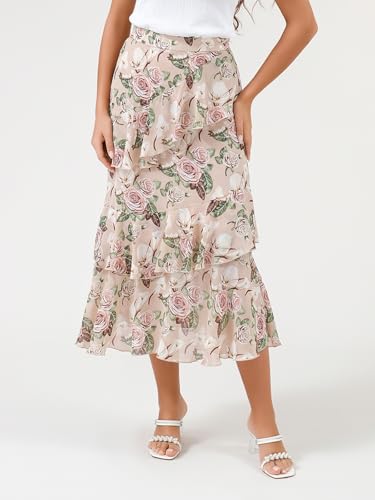 DERAX Women's Fall Summer Boho Floral A Line Midi Skirt High Waist Weekend Trendy Chiffon Ruffle Flowy Dressy Skirts3