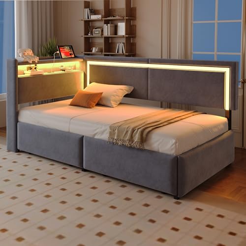 DUlVBPE Cama tapizada sofá cama 90 x 200 cm con iluminación LED y puertos de carga USB, cabecero se puede abrir para guardar con cajón de almacenamiento, tela de terciopelo, color gris oscuro