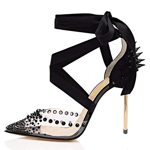 Fsj Women High Heel Ankle Strap Sandals Pointed Toe Rivets Pumps Pvc Club Shoes With Studs Size 8.5 Black #TOP1