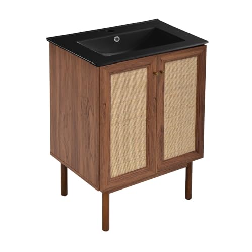Image of Swiss Madison Classe 24 in. Brown Oak Bathroom Vanity with Black Ceramic Sink Top