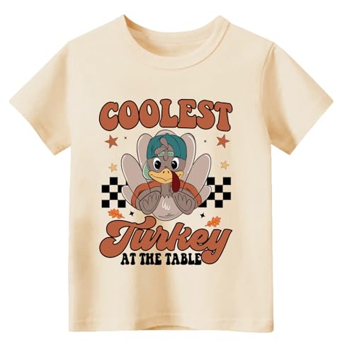 Sineeko Coolest Turkey at The Table Tshirt for Toddler Boys Girls Clothes Outfits Kids Short Sleeve Cotton Thanksgiving Shirt Tops Beige 5T