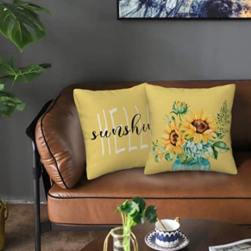 Hello Sunshine Pillow Cover 18X18 Set Of 2, Farmhouse Yellow Spring Summer Throw Pillow Covers Watercolor Sunflower Pillowcase Linen Decorative Gifts For Home Couch Sofa Indoor Outdoor #TOP4
