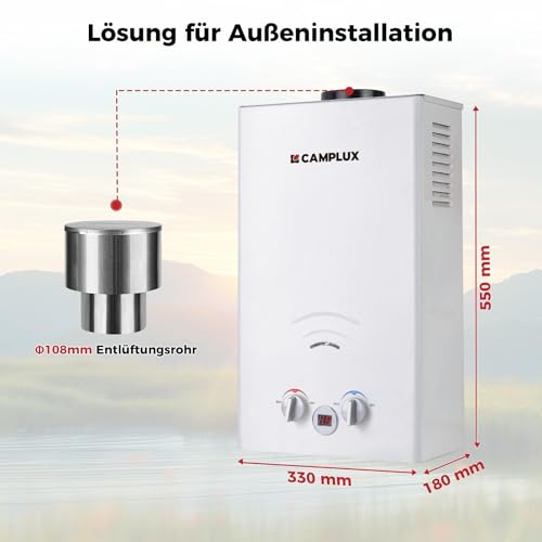 CAMPLUX BW264C-DE 10 Liter Gasdurchlauferhitzer mit Regenkappe, 50mbar Tankless Outdoor-Instant-Gasdusche für Pferd Waschen Camping RV Reise