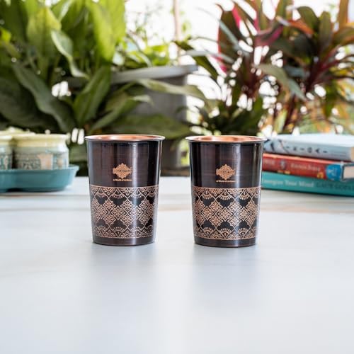 Image of INDIAN ART VILLA Copper Antique Dark Embossed Drinking Glass, Pure Copper Ayurvedic Water Tumbler for Home, Office, Restaurant Use, Traditional Drinkware Gift Item, 275 ML, Set of 2