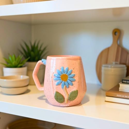 Image of Handmade Ceramic Mug 3D Daisy Flower Design Coffee Tea Cup 240 ml Gift for Coffee Lovers Kitchen Decor (Pink /Light Blue /Yellow /Grey) (Pink)