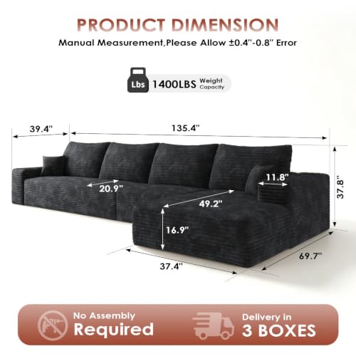 Image of Boneless Couch, Modular Sectional Couches for Living Room, U-Shaped Cloud Couch Sofa with Deep Seat, Fluffy Corduroy Upholstered Corner Sofa