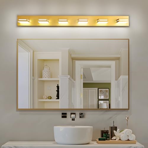 Image of LED Modern Bathroom Light Fixtures, 6-Light 48-Inch Gold Vanity Lights for Bathroom Lighting Fixtures Over Mirror, 6000K Cool White 350 Rotatable Wall Lamp