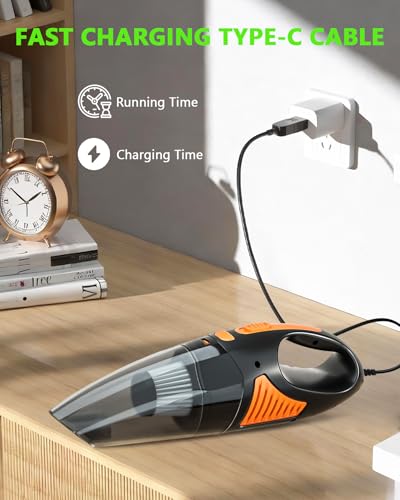 Image of Handheld Vacuum Cordless, Rechargeable Car Vacuum Cleaner with Multiple Attachments, Portable Hand Held Vacuum Suction Power, Mini Vacuum for Car, Home, Pet Hair, Office, Desk, Keyboards Black Orange