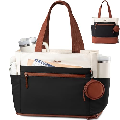 LOVEVOOK Tote Bag for Women, Expandable Laptop Work Bag 15.6 Inch, 33L Large Travel Handbag with 40oz Tumbler Holder, TSA, Chic Designer Style Contrast