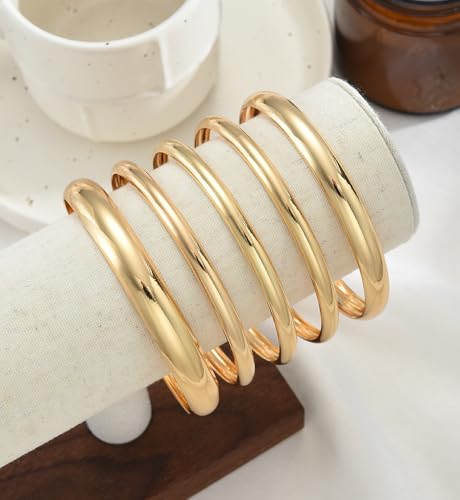 Image of Chunky Gold Bangle Bracelets for Women, Dainty 14k Gold Plated Big Stackable Bangles Set, Trendy Statement Cuff Bracelet Stack Fashion Jewelry Gifts