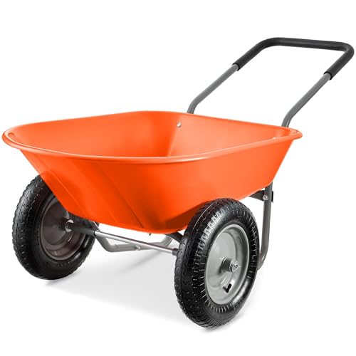 Best Choice Products Dual-Wheel Home Utility Yard Wheelbarrow Garden Cart w/Built-in Stand for Lawn, Gardening, Construction - Orange