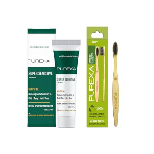 Image of PUREXA ONE Sensitive Herbal Toothpaste For Sensitive Teeth | ONE Bamboo Charcoal Soft Toothbrush For Teeth whitening, Antibacterial And Biodegradable For Adult and Kids