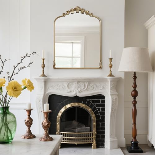 Image of WallBeyond Gold Antique Mirror for Vanity 28x36 Inch, Gold Vintage Mirror with Ornate Frame, Arched Vintage Wall for Bathroom, Living Room, Fireplace