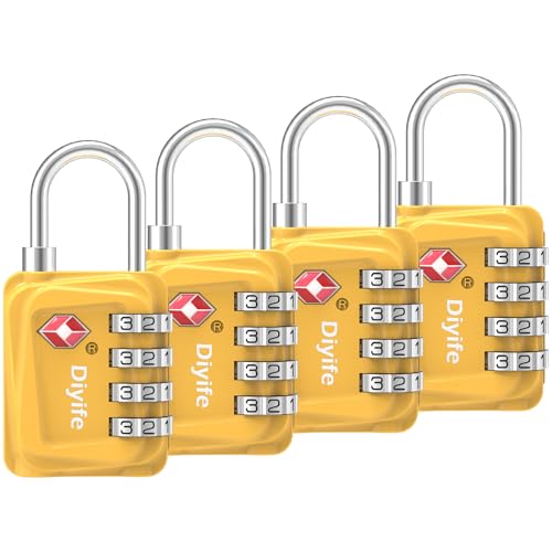 Image of TSA Luggage Locks, [4 Packs] Diyife Updated 4-Digit Security Padlocks with Code, Resettable Zinc Alloy Combination Padlocks, Small Travel Locks Padlocks for Luggage Suitcases Bag Case (Yellow)