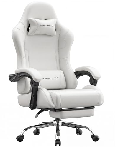 Image of Dowinx Ergonomic Gaming Chair with Footrest & Massage Lumbar, 2D-Linkage Armrests for Computer Chair 330lbs with Headrest Pillow for Office, Home, Streaming and Long Gaming Sessions, Fabric Pure White