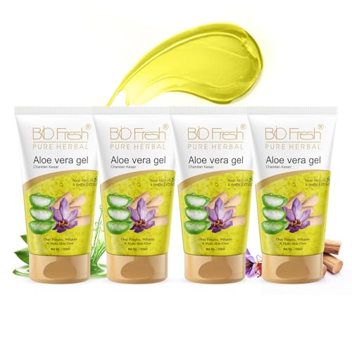 Image of BIOFRESH HERBALS Aloe Vera Gel - 150ml with Chandan Kesar Face Gel Multipurpose Gel for Skin and Hair with Nano Multi-Vit Extract Non-Sticky Anti-Acne Skin Care (Pack of 4)