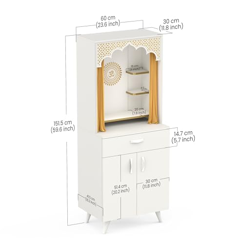 Image of BLUEWUD Sharnam Mandir, Big Size Temple for Home with Storage Cabinet, Pooja Stand, Doors, Drawer & Golden Curtain, Floor Standing Puja Room Altar for Living Room (DIY-White) (Sharnam Puja Mandir)