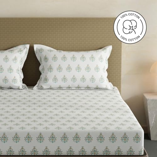 Image of Layers 100% Cotton Bedsheet for King Size Bed | Lumina Floret Collection | 144 TC Soft & Breathable | Floral Print with 2 Pillow Covers | Wrinkle Free & Colorfast | 3 Piece Bedding Set - White
