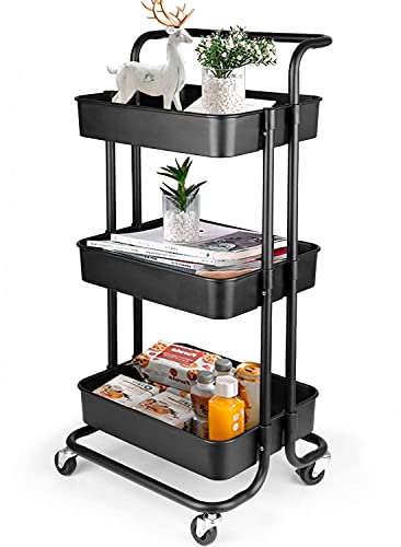 Image of 3 Tier Rolling Utility Cart with Wheels and Handle, Heavy Duty Mobile Kitchen Storage Cart Craft Cart Storage Trolley for Kitchen, Bathroom, Office Organization, Easy Assembly