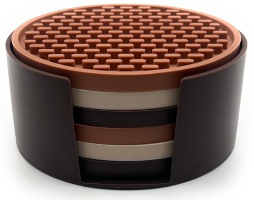 Happitasa 4.25 Inch Bar Mat Style Silicone Beverage Coasters, Set of 6 with Holder (Multicolor - Brown)