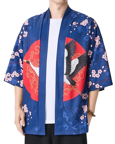 Image of PRIJOUHE Men's Japanese Kimono Cardigan Jackets Casual Long Sleeve Open Front Coat Lightweight Yukata Outwear