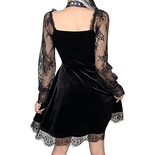 Ikadex Gothic Lolita Dress For Women Black Lace Dress Velvet Mini Dresses Goth Clothes For Teen Girls #A: Black S #TOP1