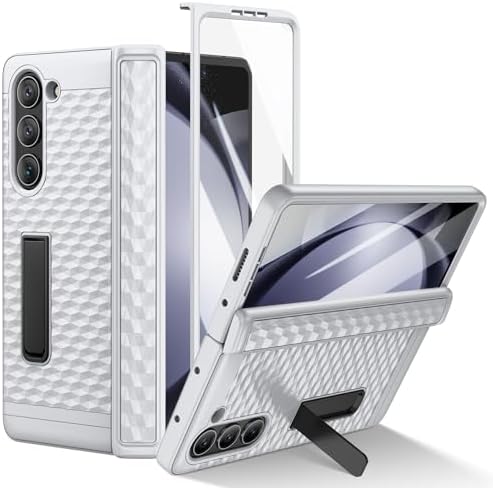 HWeggo for Samsung Galaxy Z Fold 5 Case with Spring Hinge Protection&Built-in Screen Protector and Adjustable Kickstand, Non-Slip Stylish Texture & Shockproof Hard Anti-Scatch Protective Cover,Silver