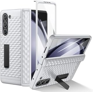 HWeggo for Samsung Galaxy Z Fold 5 Case with Spring Hinge Protection&Built-in Screen Protector and Adjustable Kickstand, Non-Slip Stylish Texture & Shockproof Hard Anti-Scatch Protective Cover,Silver