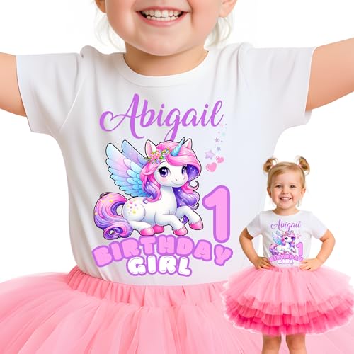 Pretty T-Shirts Personalized Girl Outfit with Name & Age, Custom Tee for Special Day, Fairy Unicorn Top for Girls, Shirt Only or Shirt with Tutu Skirt