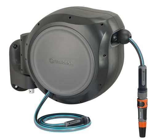 GARDENA Retractable Garden Hose Reel - 50 Feet - Auto Retract Hose Reel with 180° Swivel Wall Mount - Heavy Duty - Includes Spray Nozzle - 20500
