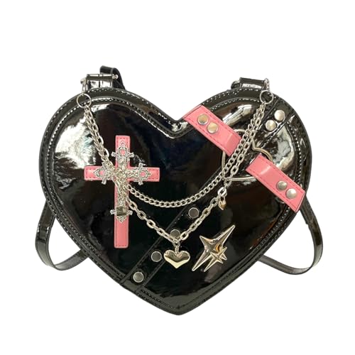 Harajuku Y2K Pastel Goth Black Heart Shaped Punk Cross Rivet Studded Decor Cute Cross-body Shoulder Bag