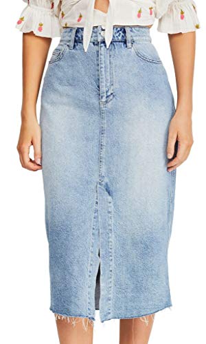 Free People Women's Denim Midi Denim Skirt #TOP14