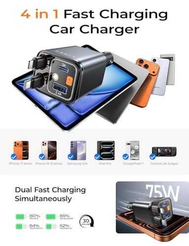 Image of LISEN 4 in 1 Starlight Retractable Car Charger, 75W USB C Cigarette Adapter Fast Charging, Starlight Retractable Car Accessories for Women Mom, for iPhone 17 Pro Max Air 16 15 14 13 12