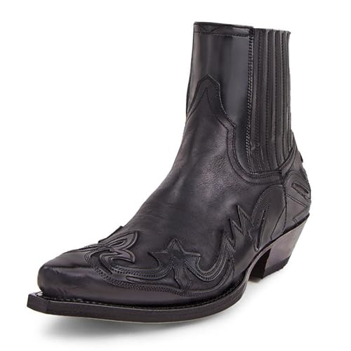 LXURY Botas De Caballero Para Hombre, Botas De Vaquero Occidentales Bordadas, Botas Con Estampado De Retazos De Cuero De Pu Con Punta Puntiaguda, Para Granjas Al Aire Libre,Negro,43