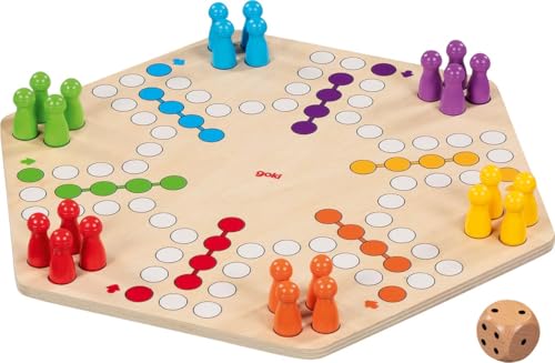goki 56298 Ludo für bis zu 6 Spieler aus Holz Gesellschaftsspiel im XL-Format Durchmesser ca. 34 cm beidseitig bespielbar