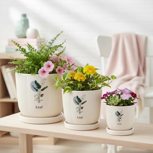 Image of Xtore Refreshing Botanical Ceramic Planter Set with Drainage Saucers | Decorative Planter Pots for Living Room & Modern Plant Display (Set of 3, Ivory Beige - Planters only)