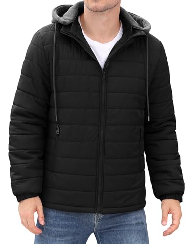HEEKPEK Men’s Puffer Jacket with Detachable Hood Lightweight Water-Resistant Full Zip Winter Coats Insulated Puffy Jackets (Black,Large)