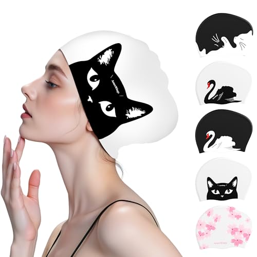 Large Swim Cap for Women Men, Swimming Caps for Long Hair Adults Youths,Silicone Swim Hats Bathing Caps to Keep Hair Dry (Black Cat)