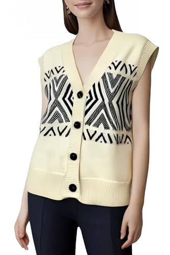 Image of Velius Women Crochet Sleeveless V Neck Patterned Button Down Sweater Vest Knit Top