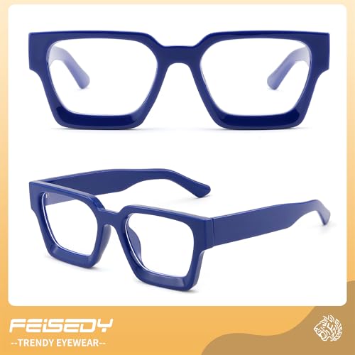 Image of FEISEDY Retro Blue Light Blocking Glasses for Women Men 90s Classic Rectangle Frame Thick Chic Computer Eyeglasses B2383R