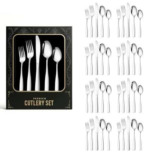 Image of aDai Premium Cutlery Set | Stainless Steel Tableware | Mirror Finish | Includes Spoon Fork Knife & Teaspoon | Elegant Flatware Set for Dining, Parties & Gifting (Silver, Set of 40)