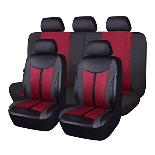 Flying Banner Car Seat Covers Full Set Front Seats and Rear Bench Leather Splicing Mesh Breathable Cover Black Burgundy Wine red