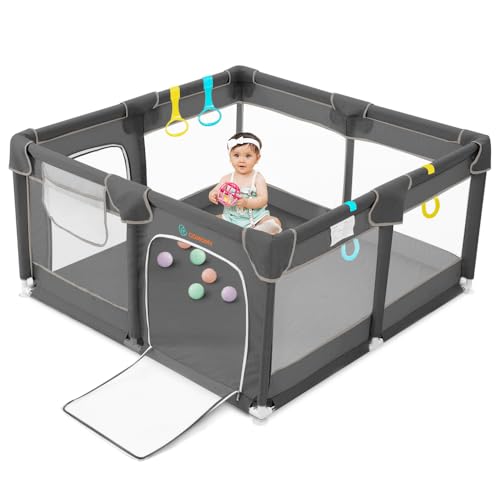 Image of COMOMY Playpens for Babies and Toddlers, Small Baby Play Pens, Activity Center for Baby Safe and Non-Slip Baby Fence, Full Mesh Design, Indoor & Outdoor Kids Activity Center (Dark Grey, 50"x50")