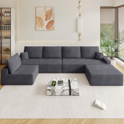 Image of Oversized Modular Sectional Sofa Couch,Large 6 Seater Corner Sofa Modern U Shaped Sectional Couch with Ottoman Cloud Couches for Living Room,Office,Spacious Space,Corduroy,No Assembly,Dark Grey