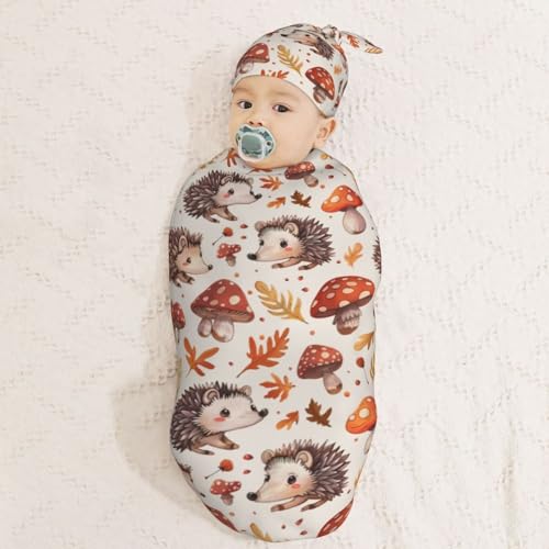 Image of Baby Cute Hedgehog Mushrooms Newborn Swaddle Blankets Hat Sets Soft Baby Receiving Blanket Swaddle Sack for Baby Shower Infant Boy Girl Gift