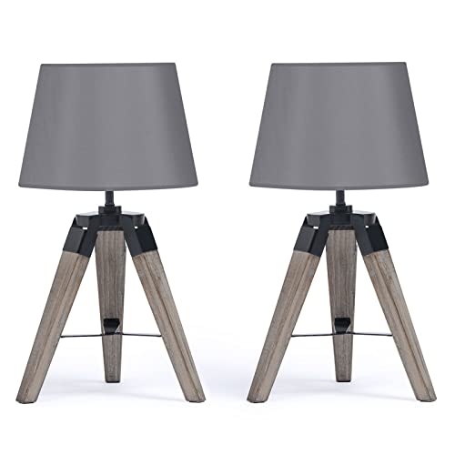 IDMarket - Lot de 2 lampes de chevet trépied HILDA en bois foncé grises