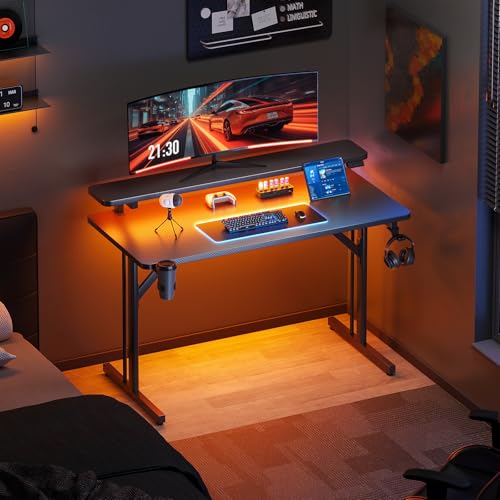 Scrivania Gaming con Luci LED, 100cm Postazione Gaming con Supporto per Monitor, Scrivania Computer in Fibra di Carbonio Nera - Scrivania Gaming - Immagine 4